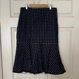 Ann Taylor navy blue & cream white eyelet polka dot midi tier skirt 6
